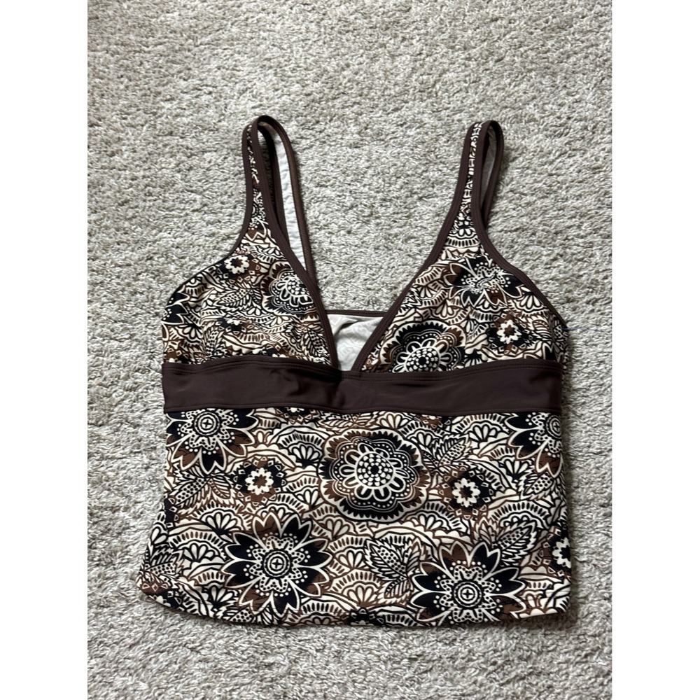 Ibiza Swimwear Tankini Top Brown Floral Medallion V-Neck Size 12 Boho Swim Top